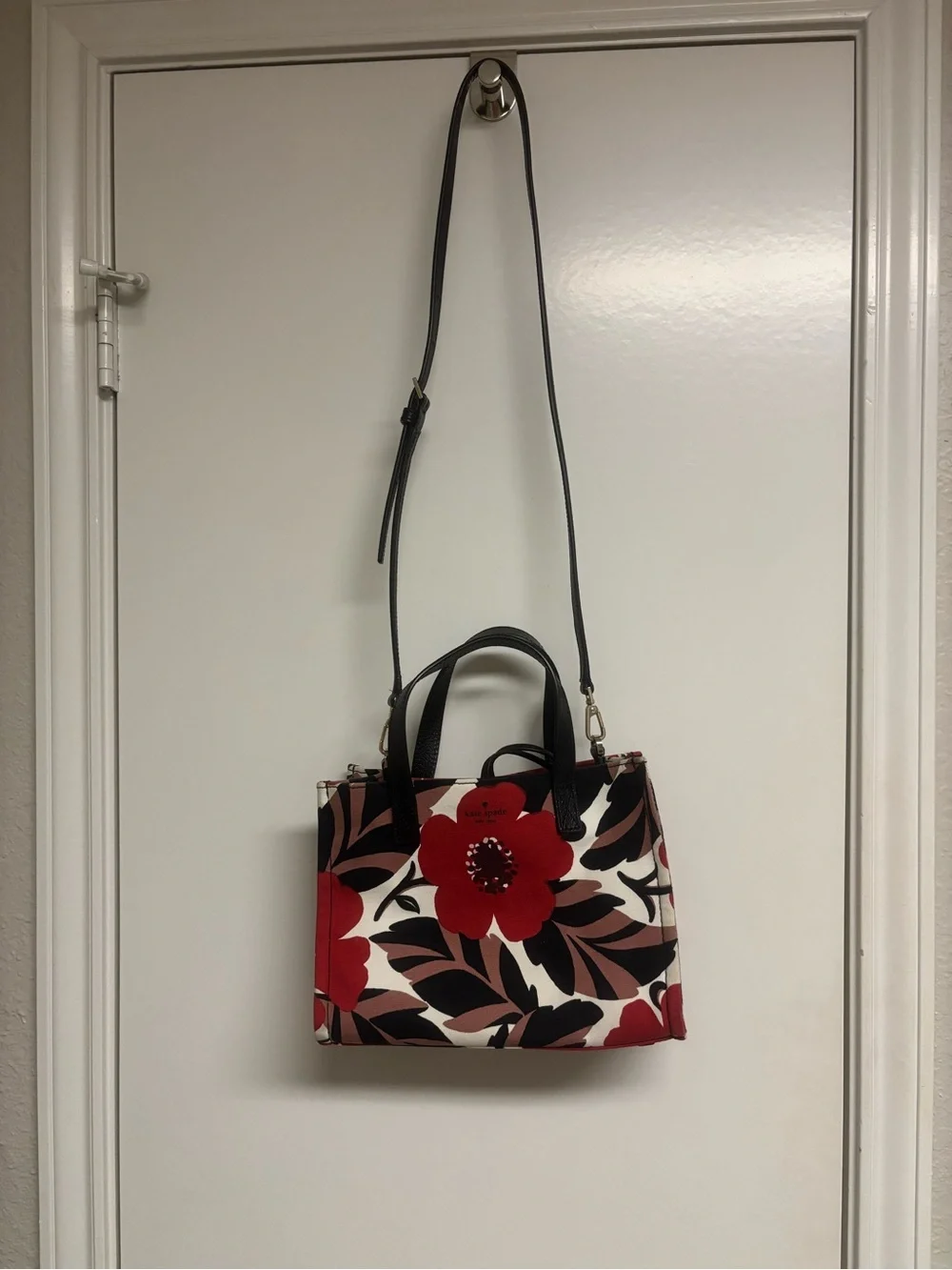 Floral Print Red Canvas Tote with Removable Strap